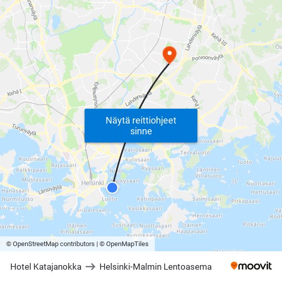 Hotel Katajanokka to Helsinki-Malmin Lentoasema map