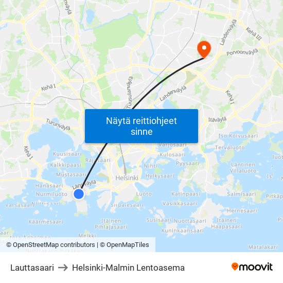 Lauttasaari to Helsinki-Malmin Lentoasema map