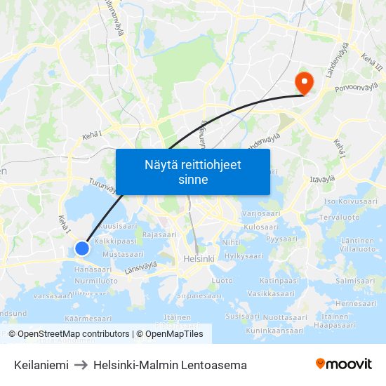 Keilaniemi to Helsinki-Malmin Lentoasema map