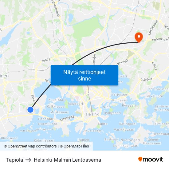 Tapiola to Helsinki-Malmin Lentoasema map