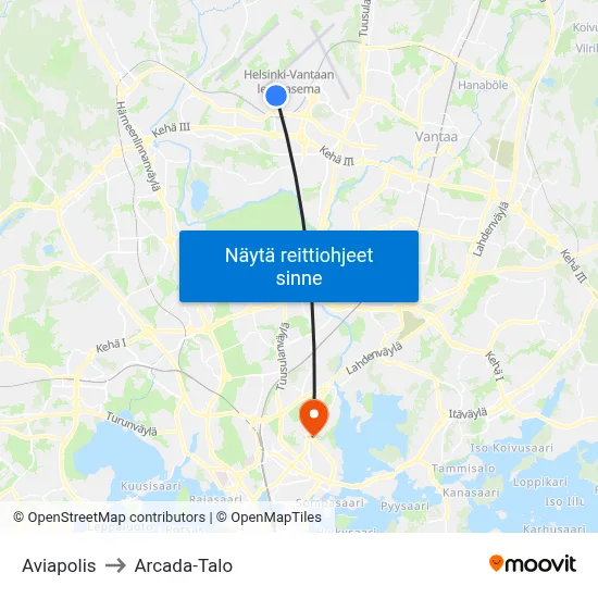 Aviapolis to Arcada-Talo map