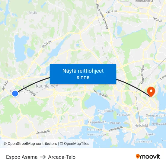 Espoo Asema to Arcada-Talo map