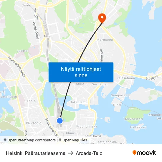 Helsinki Päärautatieasema to Arcada-Talo map