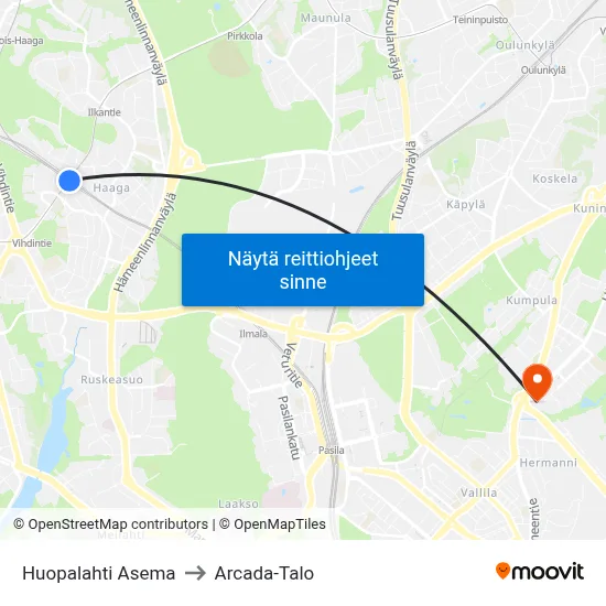 Huopalahti Asema to Arcada-Talo map