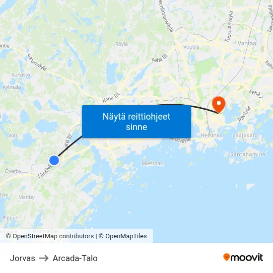 Jorvas to Arcada-Talo map