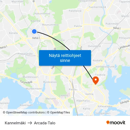 Kannelmäki to Arcada-Talo map