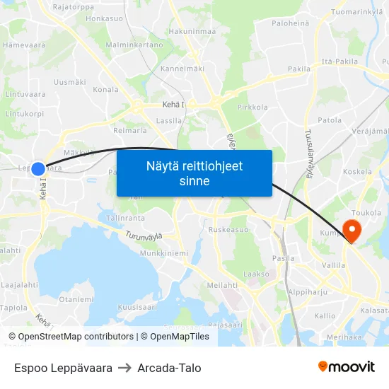 Espoo Leppävaara to Arcada-Talo map