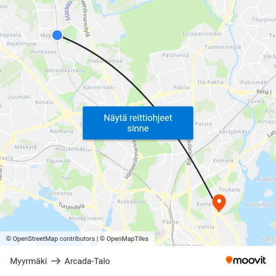 Myyrmäki to Arcada-Talo map