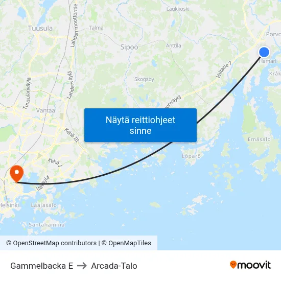 Gammelbacka E to Arcada-Talo map