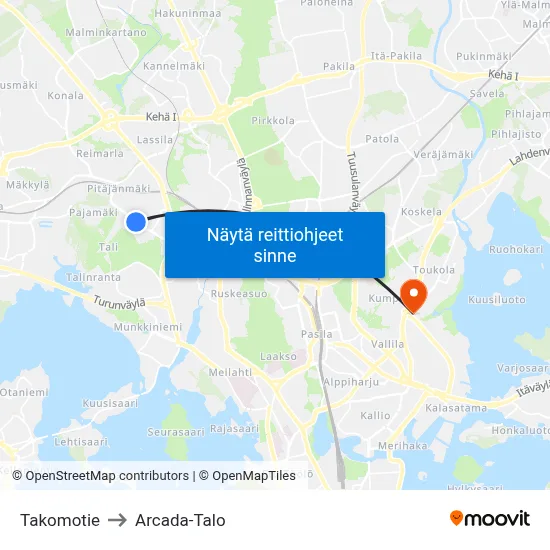 Takomotie to Arcada-Talo map