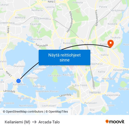 Keilaniemi (M) to Arcada-Talo map