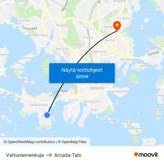 Vattuniemenkuja to Arcada-Talo map