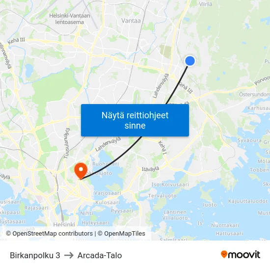 Birkanpolku 3 to Arcada-Talo map