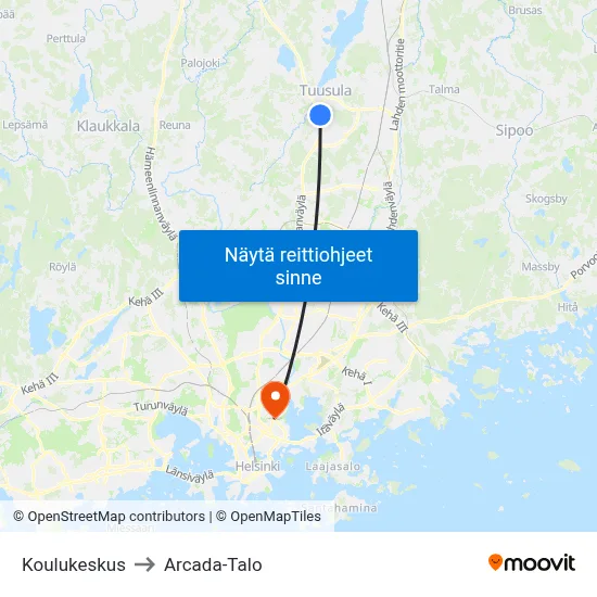 Koulukeskus to Arcada-Talo map