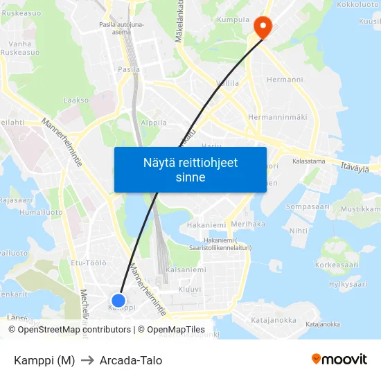 Kamppi (M) to Arcada-Talo map