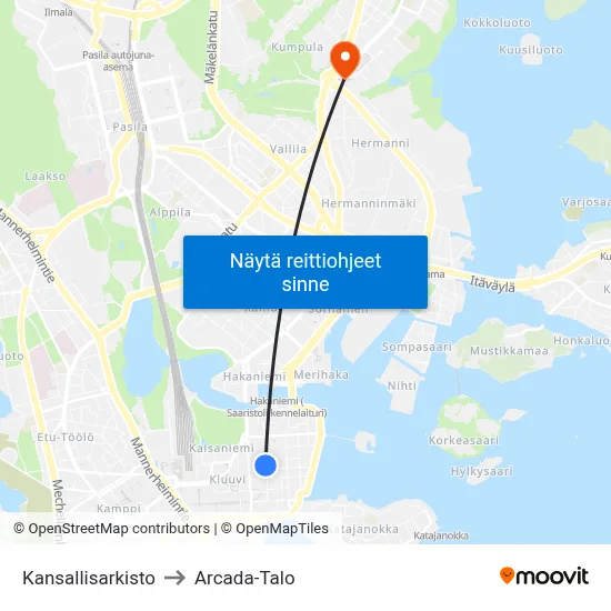 Kansallisarkisto to Arcada-Talo map
