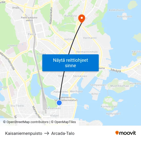 Kaisaniemenpuisto to Arcada-Talo map