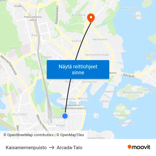 Kaisaniemenpuisto to Arcada-Talo map