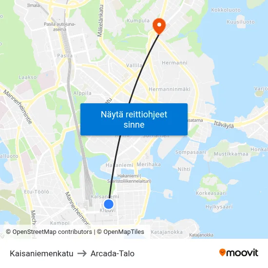 Kaisaniemenkatu to Arcada-Talo map