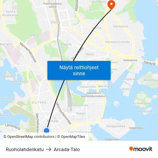 Ruoholahdenkatu to Arcada-Talo map