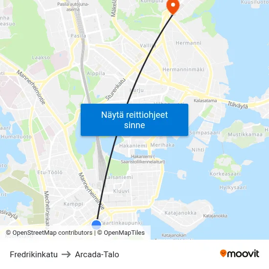 Fredrikinkatu to Arcada-Talo map