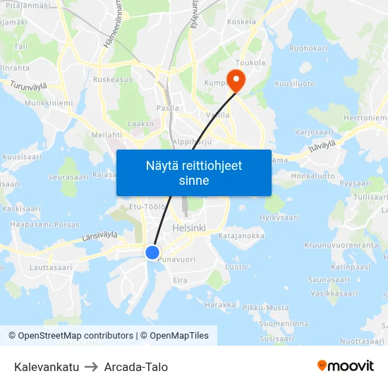 Kalevankatu to Arcada-Talo map