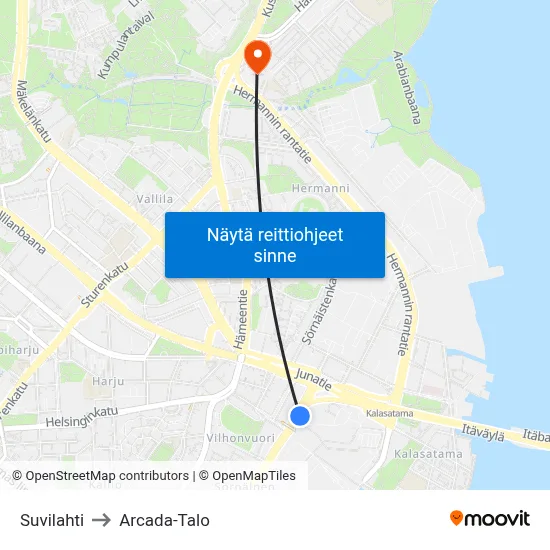 Suvilahti to Arcada-Talo map