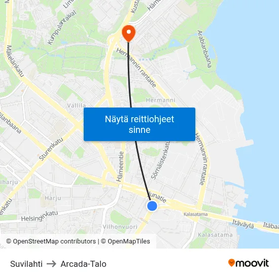 Suvilahti to Arcada-Talo map