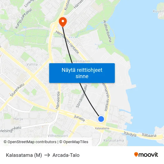 Kalasatama (M) to Arcada-Talo map