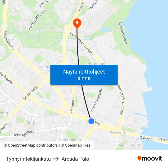 Tynnyrintekijänkatu to Arcada-Talo map