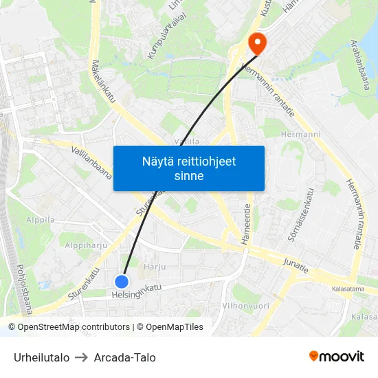 Urheilutalo to Arcada-Talo map