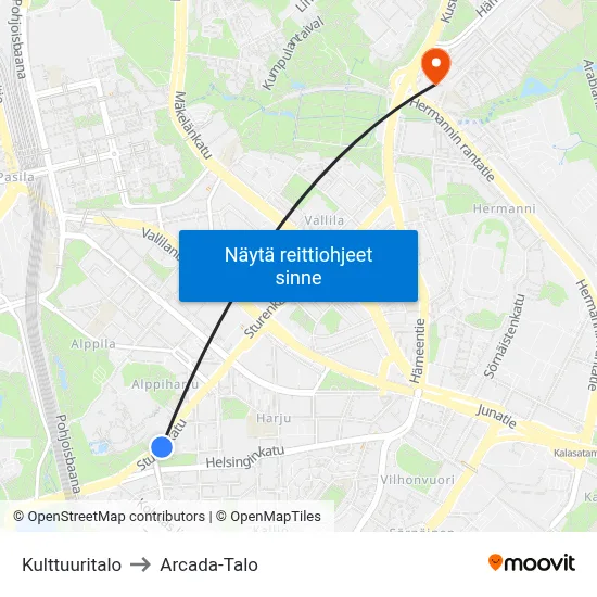 Kulttuuritalo to Arcada-Talo map