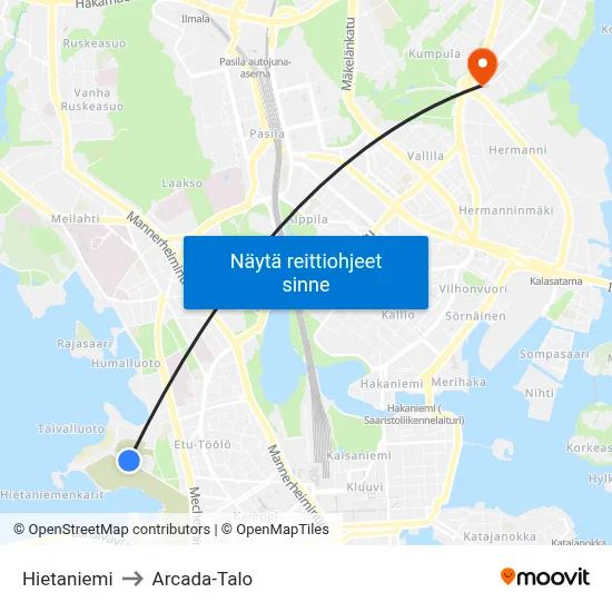 Hietaniemi to Arcada-Talo map