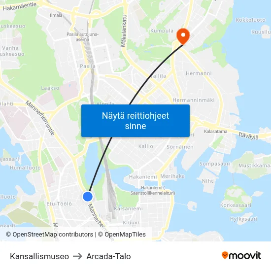 Kansallismuseo to Arcada-Talo map