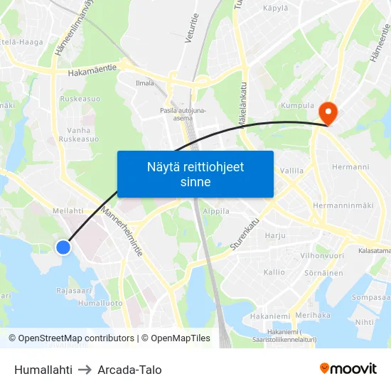 Humallahti to Arcada-Talo map