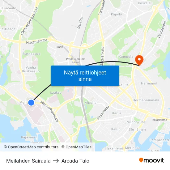 Meilahden Sairaala to Arcada-Talo map