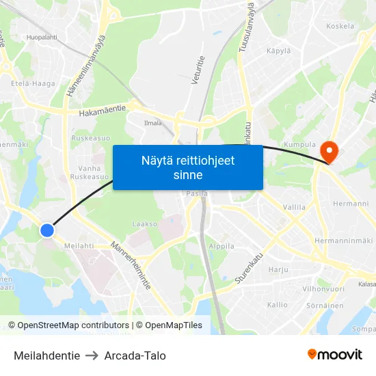 Meilahdentie to Arcada-Talo map
