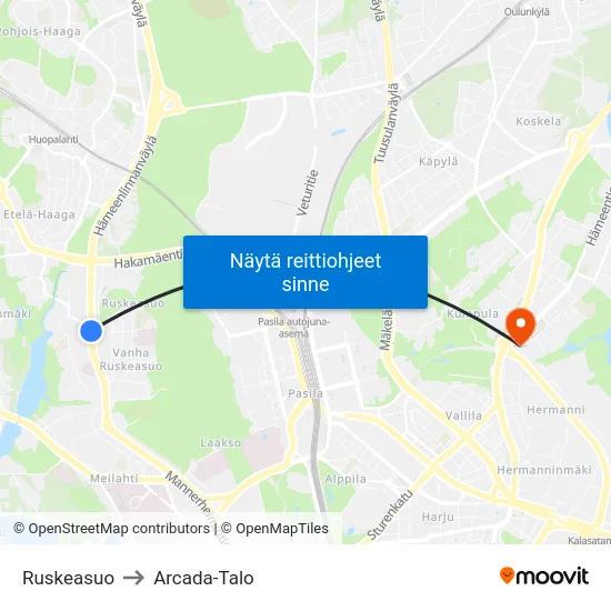 Ruskeasuo to Arcada-Talo map