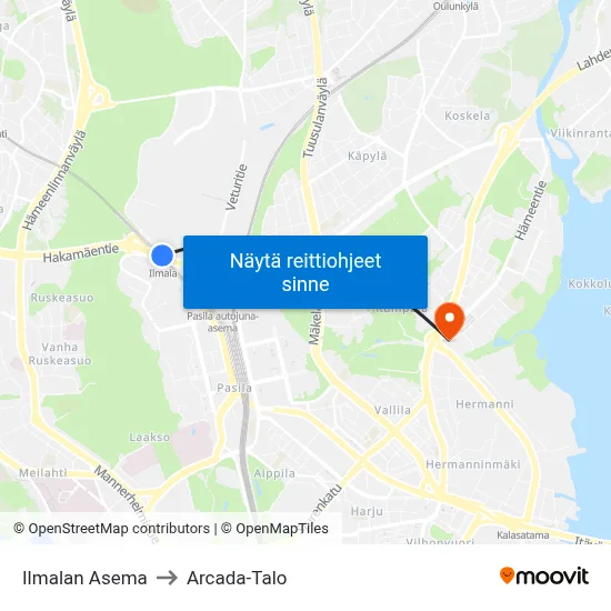 Ilmalan Asema to Arcada-Talo map