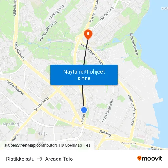 Ristikkokatu to Arcada-Talo map