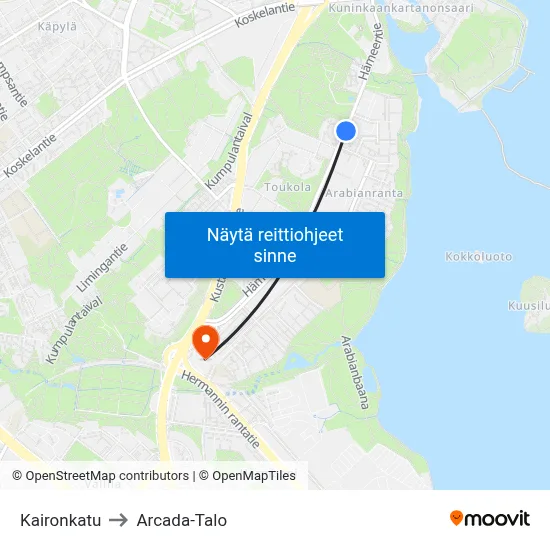 Kaironkatu to Arcada-Talo map