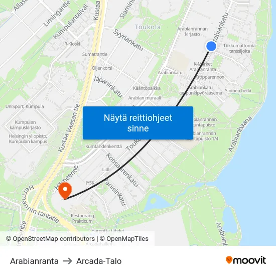 Arabianranta to Arcada-Talo map