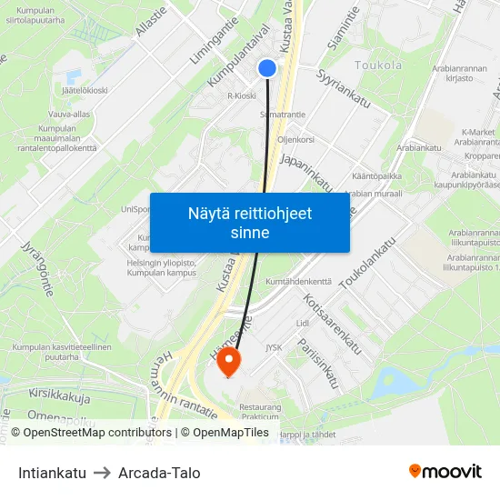 Intiankatu to Arcada-Talo map