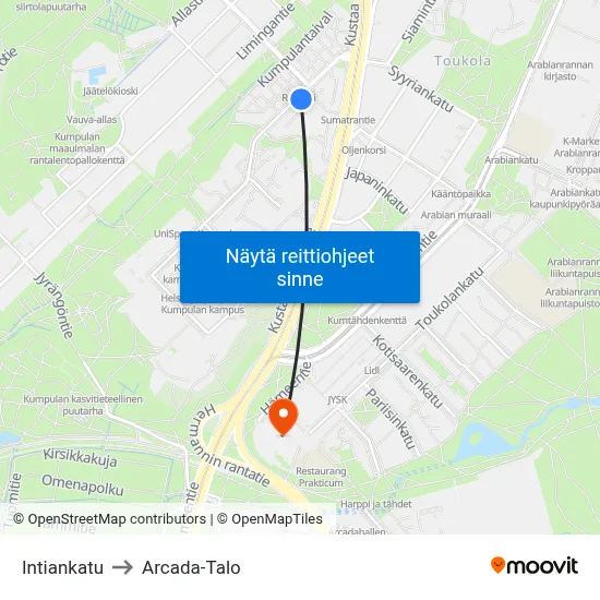 Intiankatu to Arcada-Talo map