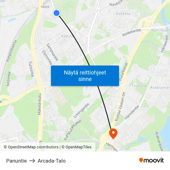 Panuntie to Arcada-Talo map