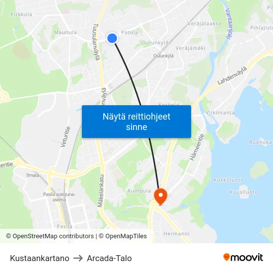 Kustaankartano to Arcada-Talo map