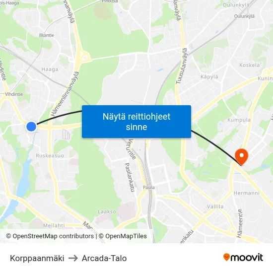 Korppaanmäki to Arcada-Talo map