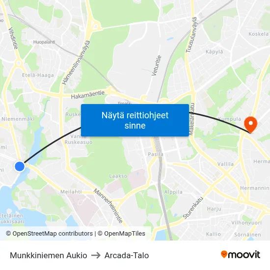 Munkkiniemen Aukio to Arcada-Talo map