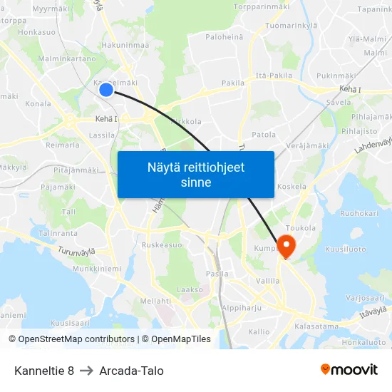 Kanneltie 8 to Arcada-Talo map