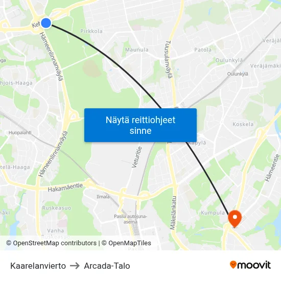 Kaarelanvierto to Arcada-Talo map
